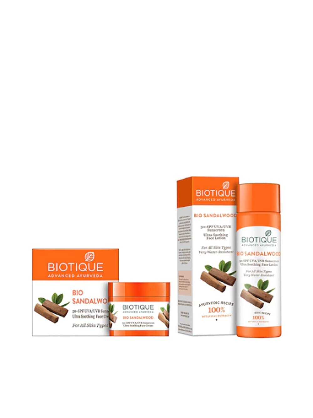 Biotique Bio Sandalwood 50+ SPF UVA/UVB Sunscreen Ultra Soothing Face Lotion, 120 ml|Bio Sandalwood Face & Body Sun Cream Spf 50 Uva/Uvb Sunscreen For All Skin Types,50gm|Set of 2 Items