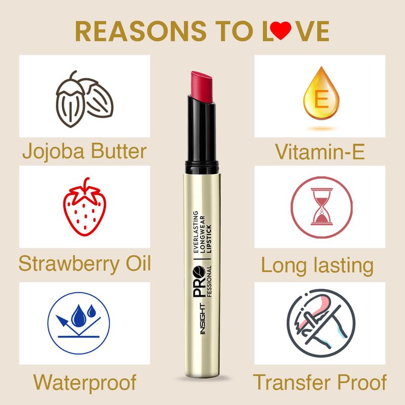 INSIGHT Professional Everlasting Longwear Lipstick | Velvety Smooth Finish | Highly Pigmented | Transferproof,Waterproof,Smudgeproof | Infused with Vit E & Marula Oil - (Clans) 2.5gm