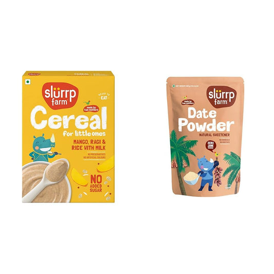 SLURRP FARM No Added Sugar Instant Cereal | Ragi, Rice and Mango with Milk, 200 Grams + Slurrp Farm Seedless Arabian Date Powder | Kharik/Khajur Powder | 100% Natural Sweetener | No Preser