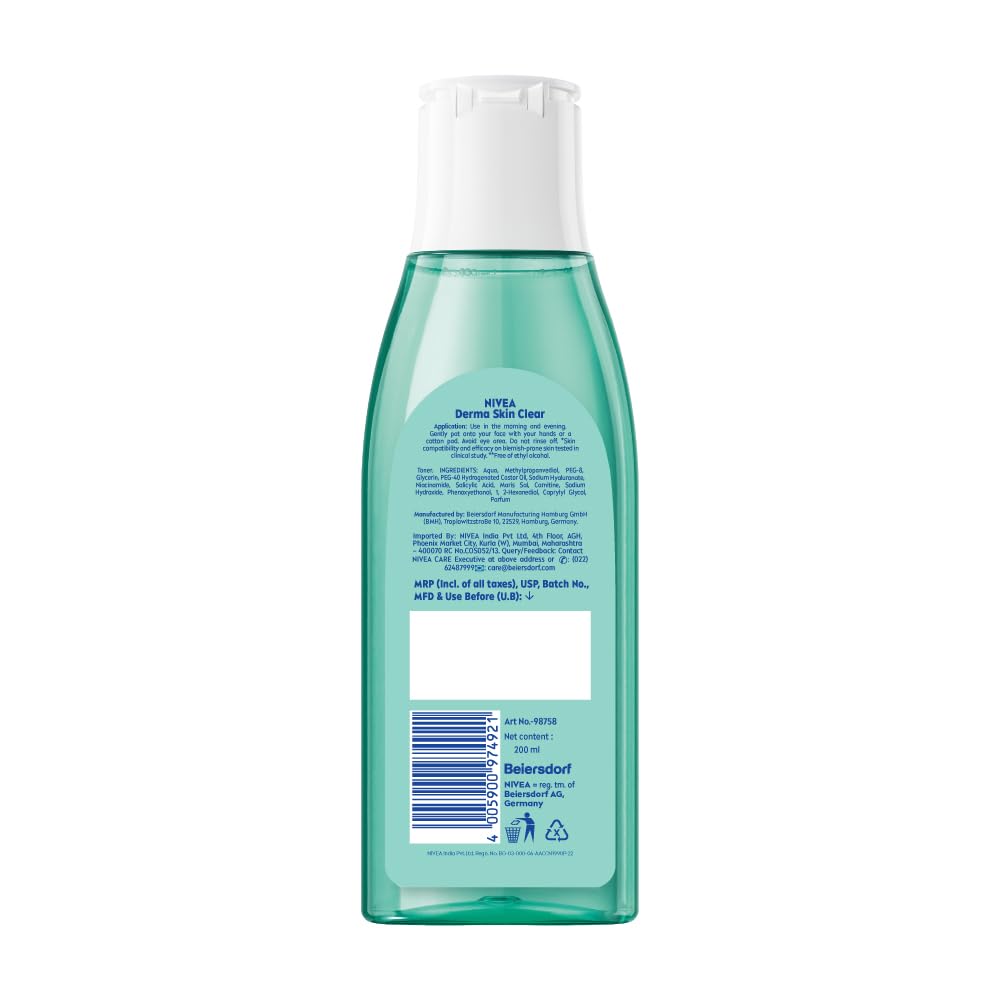NIVEA Derma Skin Clear Face Toner with Salicylic Acid & Niacinamide, Cleansing & Hydrating Toner for Visible Clearer Skin in 7 Days, Controls Oiliness, Removes Impurities, Blemish-Prone Skin, 200 ml