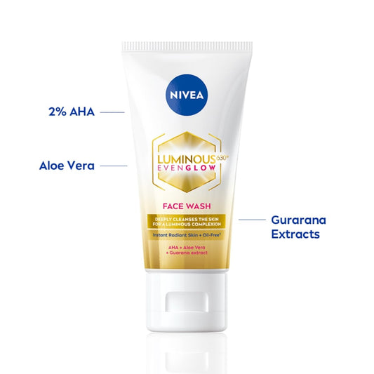 NIVEA Luminous Even Glow 2% AHA Face Wash | Oil-Free Cleanser with Aloe Vera & Guarana Extracts | Deep Cleansing Face Wash for Oily, Normal & Sensitive Skin | Exfoliating Brightening Face Cleanser for Women & Men | 50ml