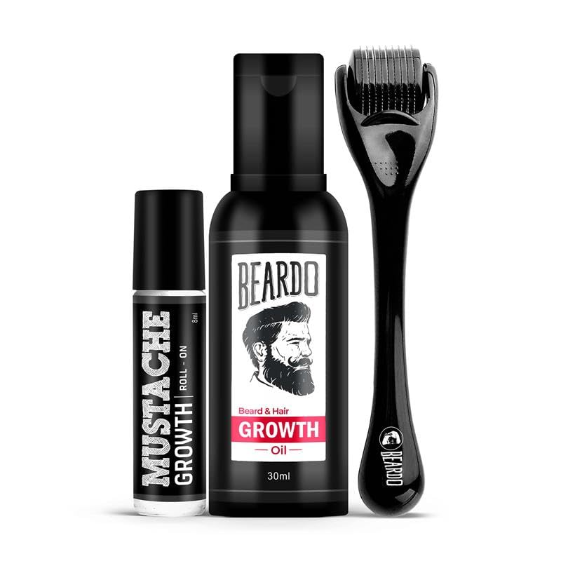BEARDO Mustache Growth Roll On 8ml, Beard & Hair Growth Oil 30ml with Derma Roller | Beard Growth Kit for Men, Hair Regrowth, Patchy Beard Treatment, Grooming Combo (Pack of 3)