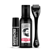 BEARDO Mustache Growth Roll On 8ml, Beard & Hair Growth Oil 30ml with Derma Roller | Beard Growth Kit for Men, Hair Regrowth, Patchy Beard Treatment, Grooming Combo (Pack of 3)