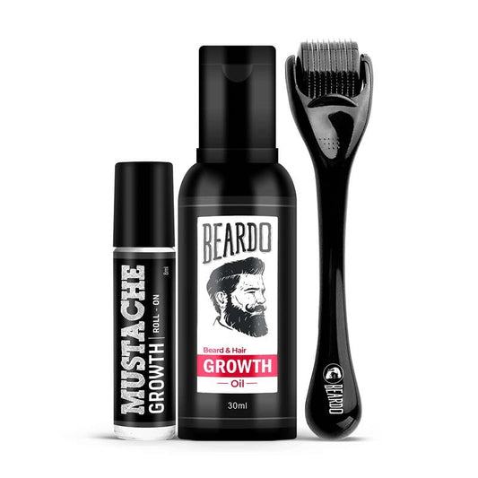 BEARDO Mustache Growth Roll On 8ml, Beard & Hair Growth Oil 30ml with Derma Roller | Beard Growth Kit for Men, Hair Regrowth, Patchy Beard Treatment, Grooming Combo (Pack of 3)