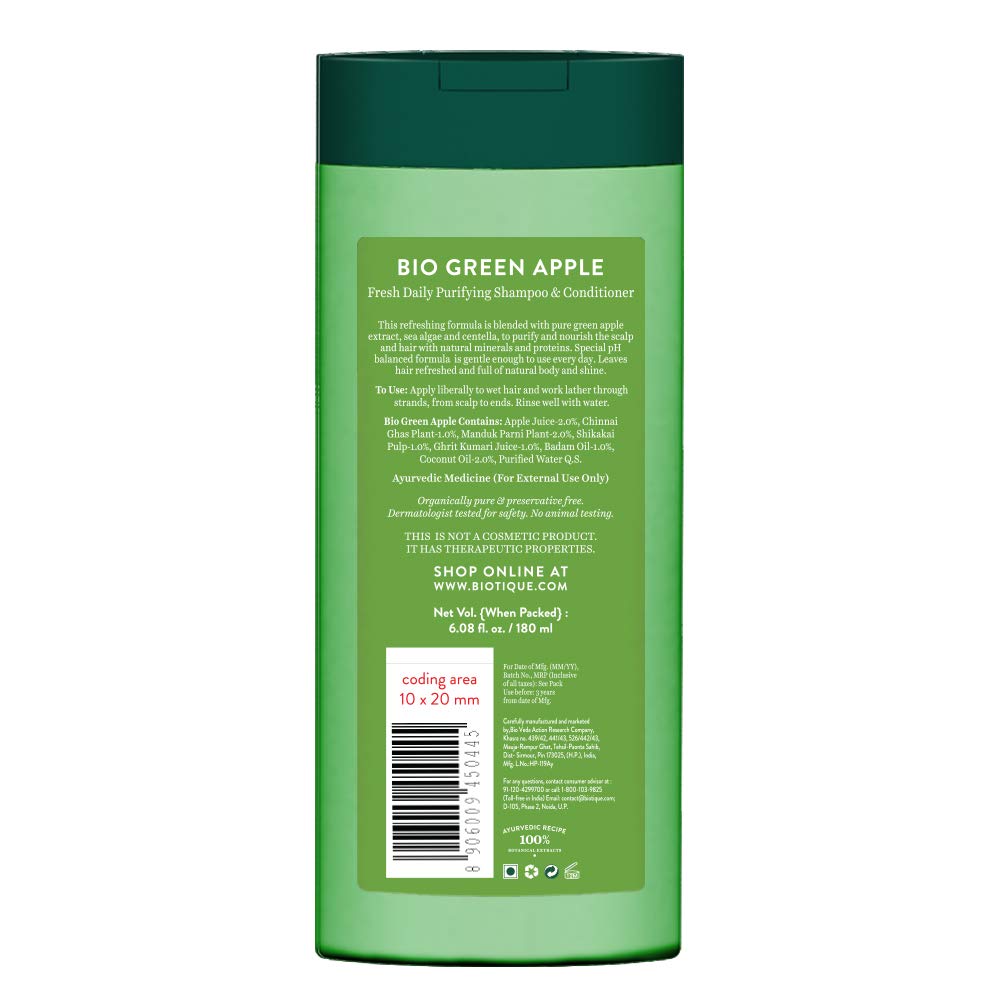 Biotique Bio Green Apple Fresh Daily Purifying Shampoo and Conditioner for Oily Scalp and Hair, 180m And Biotique Bio Sandalwood Face & Body Sun Cream Spf 50 Uva/Uvb Sunscreen For All Skin Types