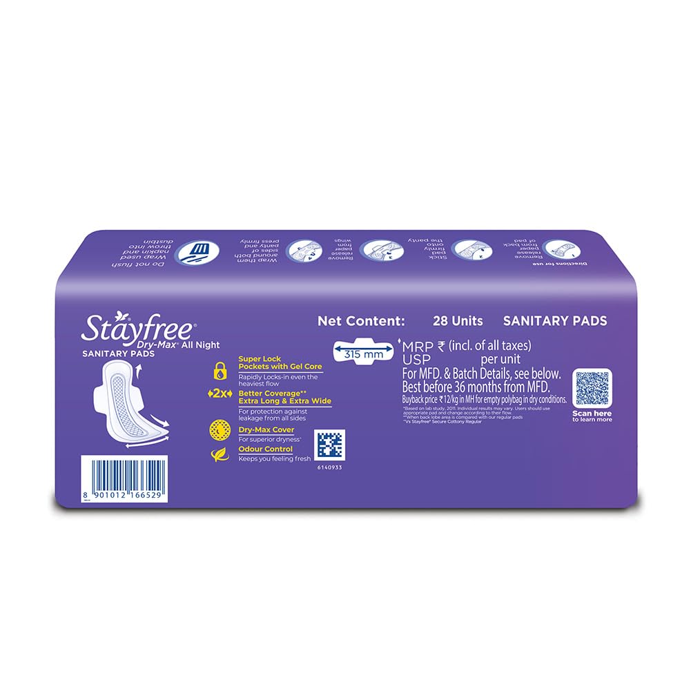 Stayfree Dry Max All Night XXL Sanitary Pads For Women | 28 Pads | Dry Cover | Provides Dry Feel for Up to 12 Hours | Super Lock Gel Pockets to Absorb Heavy Flow