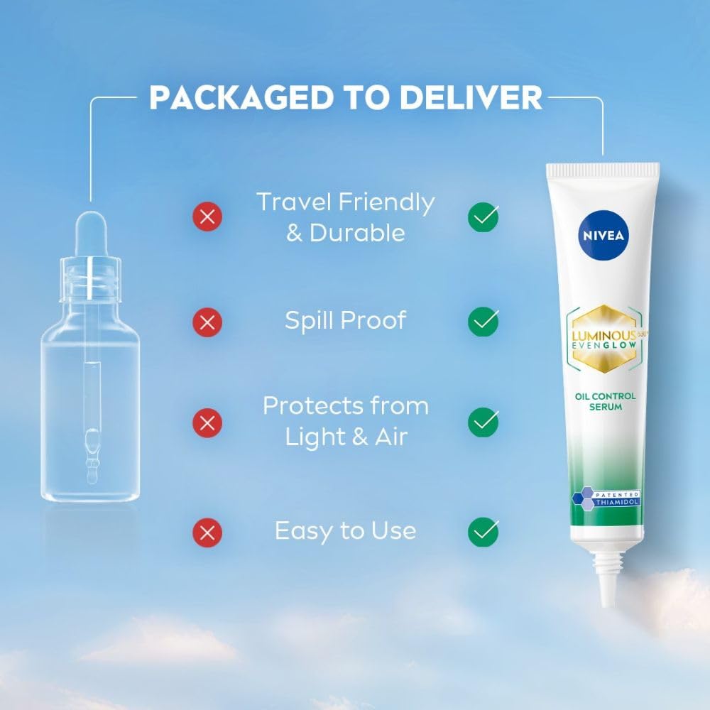 NIVEA Luminous Even Glow Oil Control Face Crème & Moisturiser Serum | Patented Thiamidol (60X More Effective Than Vitamin C) | Salicylic Acid & Hyaluronic Acid | Dark Spots & Pigmentation Serum for Oil Control, Brightening & Hydration | 10ml