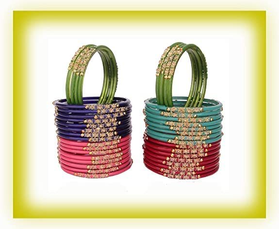 NMII Beautiful & Fashionable Glossy Glass Bangle Set Studded with Zircon & Beads for Women & Girls on Wedding & Festive Occasions (Pack of 40)