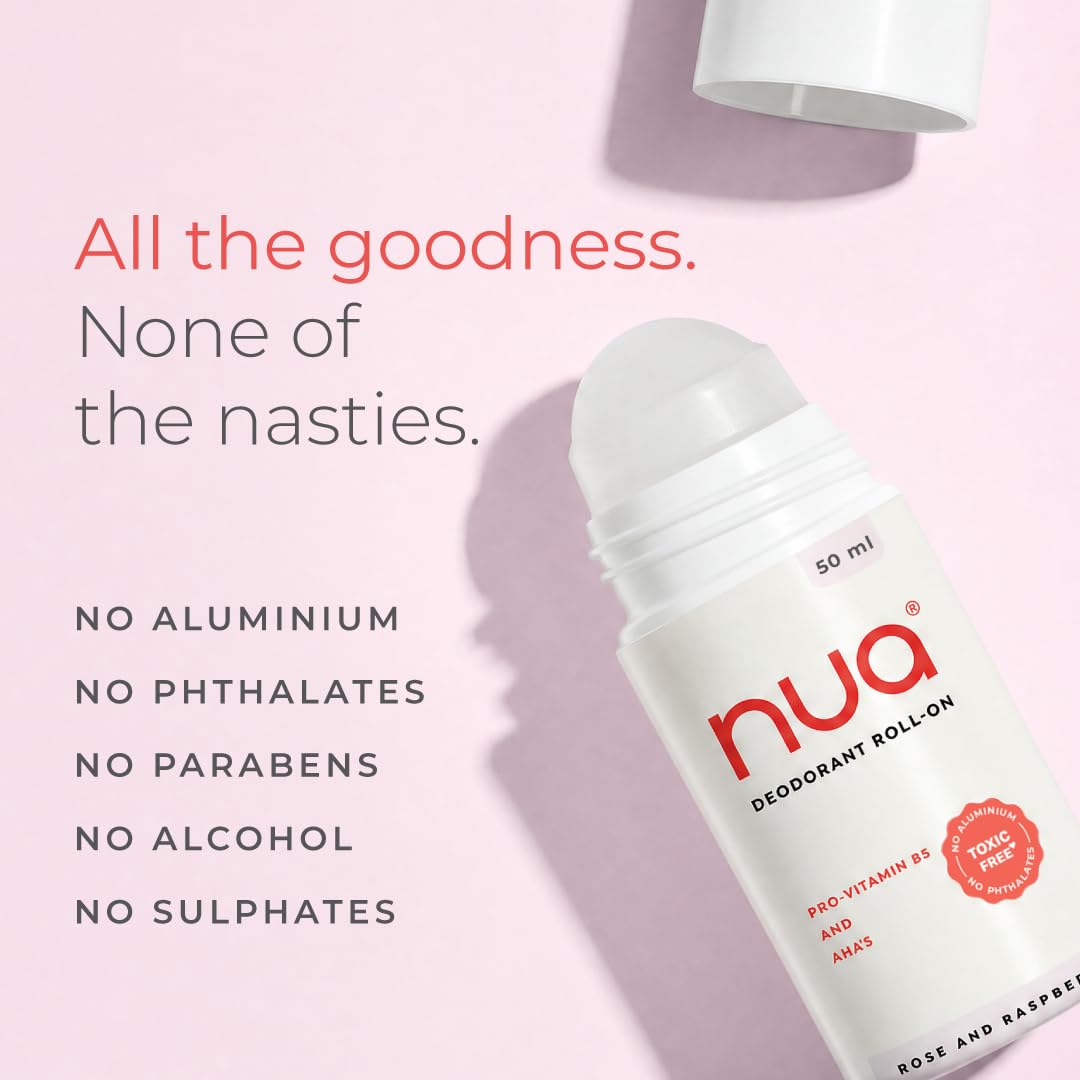 Nua Deodorant Roll-On (Rose & Raspberry) | Skin-safe | Protects Skin Barrier | Prevents Odour | No Aluminium No Pthalates | 50 ml