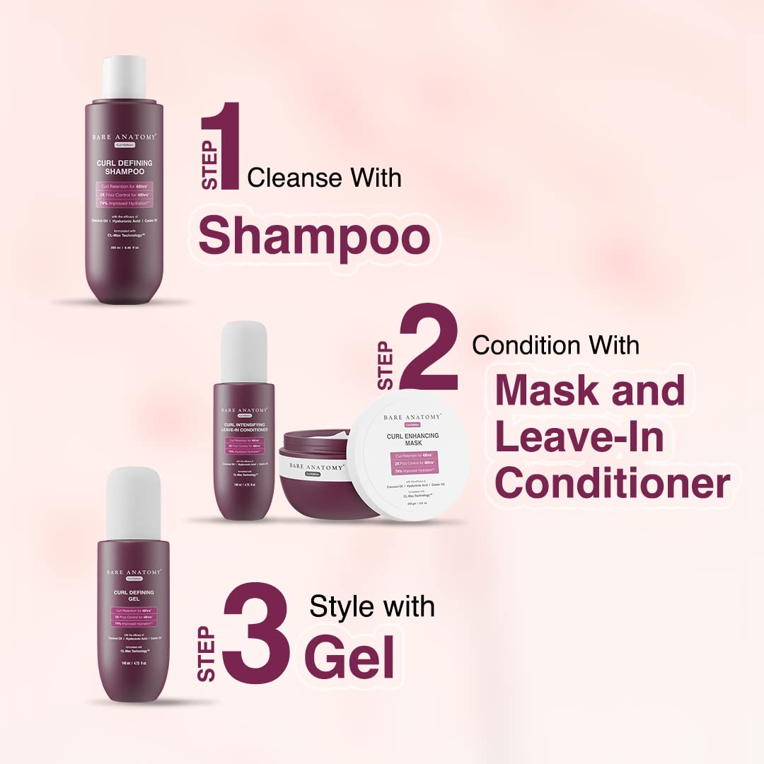 Bare Anatomy Curl Defining Shampoo & Curl Enhancing Hair Mask Combo | Curl Retention & 2X Frizz Protection For 48 Hours | Coconut Oil, Hyaluronic Acid & Castor Oil | Sulphate & Paraben Free | 250ml +