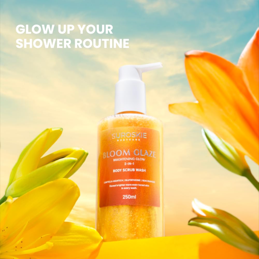 Suroskie Bloom Glaze Brightening Glow 2-in-1 Body Scrub Wash with Glycolic Extract, Liquorice & Niacinamide for Tan Removal & Even Skin Tone - Exfoliating Shower Gel for Women & Men