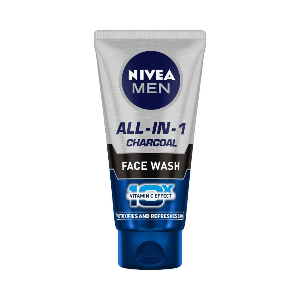 NIVEA MEN All in 1 Charcoal Face Wash | Natural Charcoal, Gluta, AHA & Vitamin C | Helps Reduce the Appearance of Tan | Removes Excess Oil and Minimizes Pores | For Bright Radiant Skin |50g