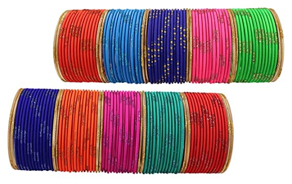 NMII Non-Precious Metal Base Metal and Drop with Zari worked and Curved Shaped Glossy Finished Bangle Set For Women and Girls