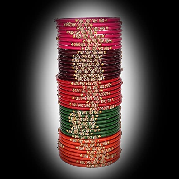 NMII Glass with Zircon Gemstone and Beads Studded Bangle set for Women and Girls