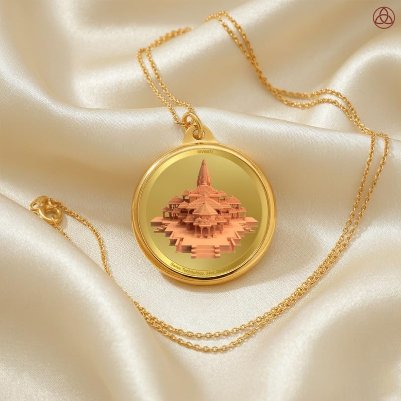 Diviniti 24K Gold Plated Ram Lalla & Ram Mandir Pendant For Men, Women & Kids| 22 MM Double Sided Stylish Pendant Necklace For Girls| Divine God Pendant For Birthday Gift, Anniversary Gift