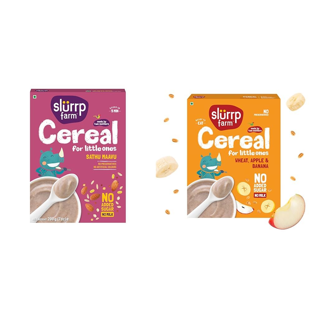Slurrp Farm Sathu Maavu | 100% Natural Multigrain Health Mix with The Goodness of Ragi, Dals & Almon + Slurrp Farm No Added Sugar Instant Wheat Apple & Banana Cereal | No Milk No Preservatives | 300g
