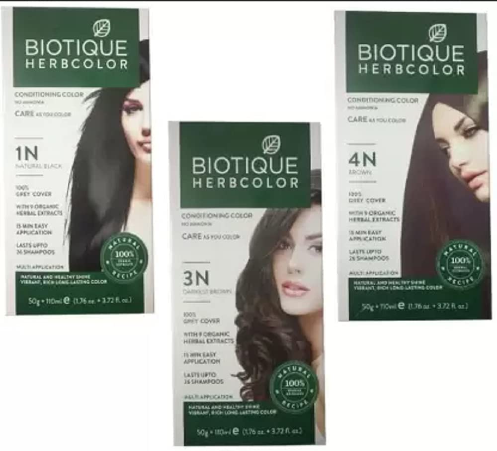 Biotique Bio Herbcolor 1N Natural Black, 50 g + 110 ml, Bio Herbcolor 3N Darkest Brown, 50 g + 110 ml and Bio Herbcolor 4N Brown, 50 g + 110 ml (Pack of 3)