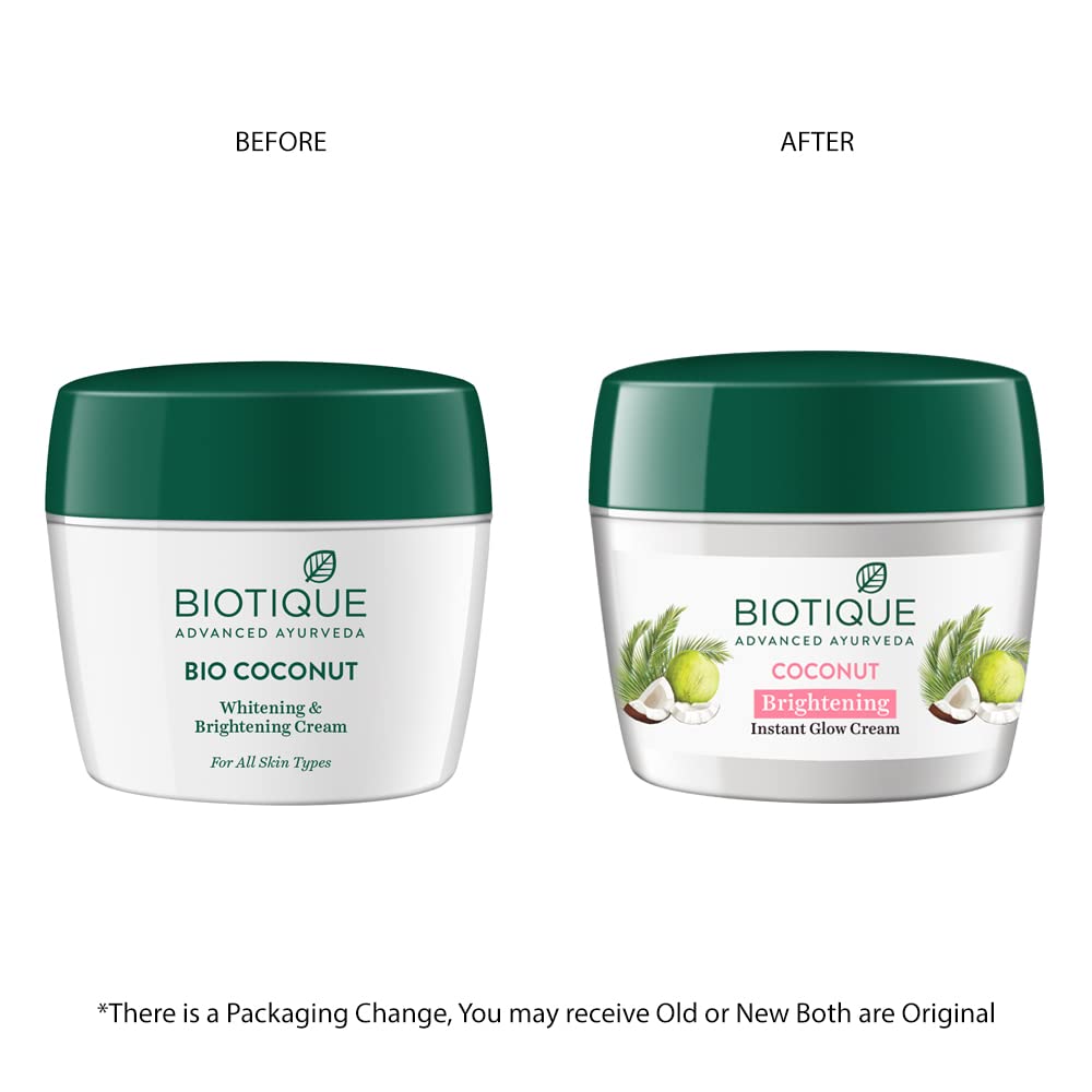Biotique Coconut Brightening Instant Glow Cream| Lightweight and Non-Greasy | Reduces Dark Spots and Protects Ageing | Nourished and Moisturized Skin |100% Botanical Extracts| All Skin Types | 175gm