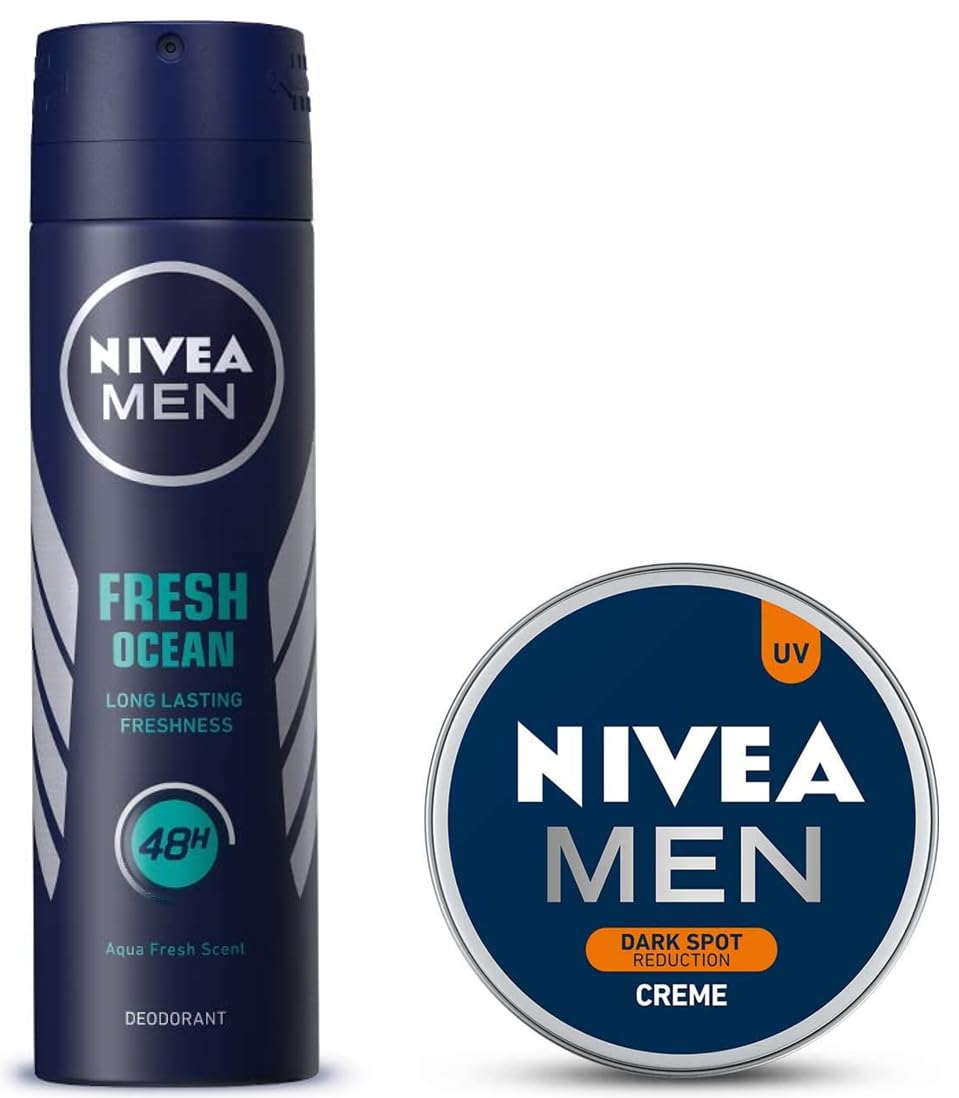 Nivea Fresh Ocean Deodorant for Men, 150 ml & NIVEA Men Crème, Dark Spot Reduction, Non Greasy Moisturizer, Cream with UV Protect, 75 ml