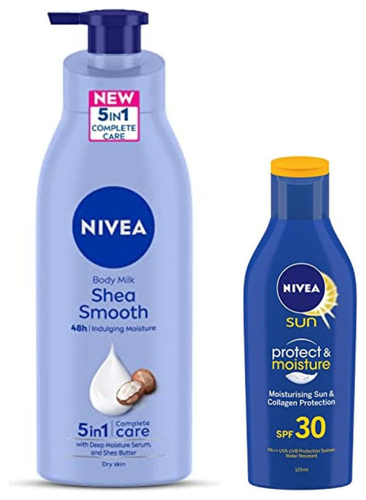 NIVEA SUN Protect and Moisture 125ml SPF 30 Sunscreen & NIVEA Shea Smooth 400ml Body Lotion