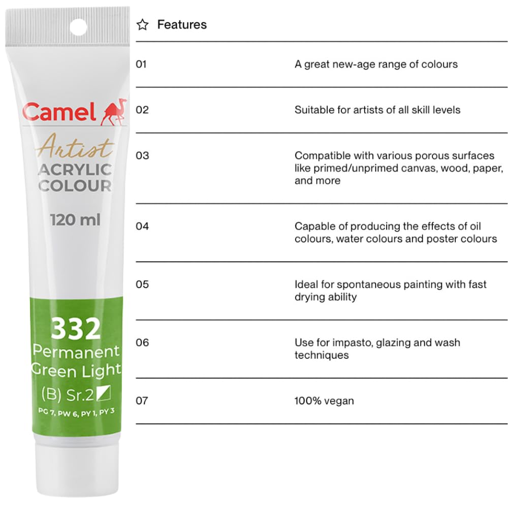 Camel Camlin Kokuyo Artist Acrylic Colour Tubes 120ml Permanent Green Light 332