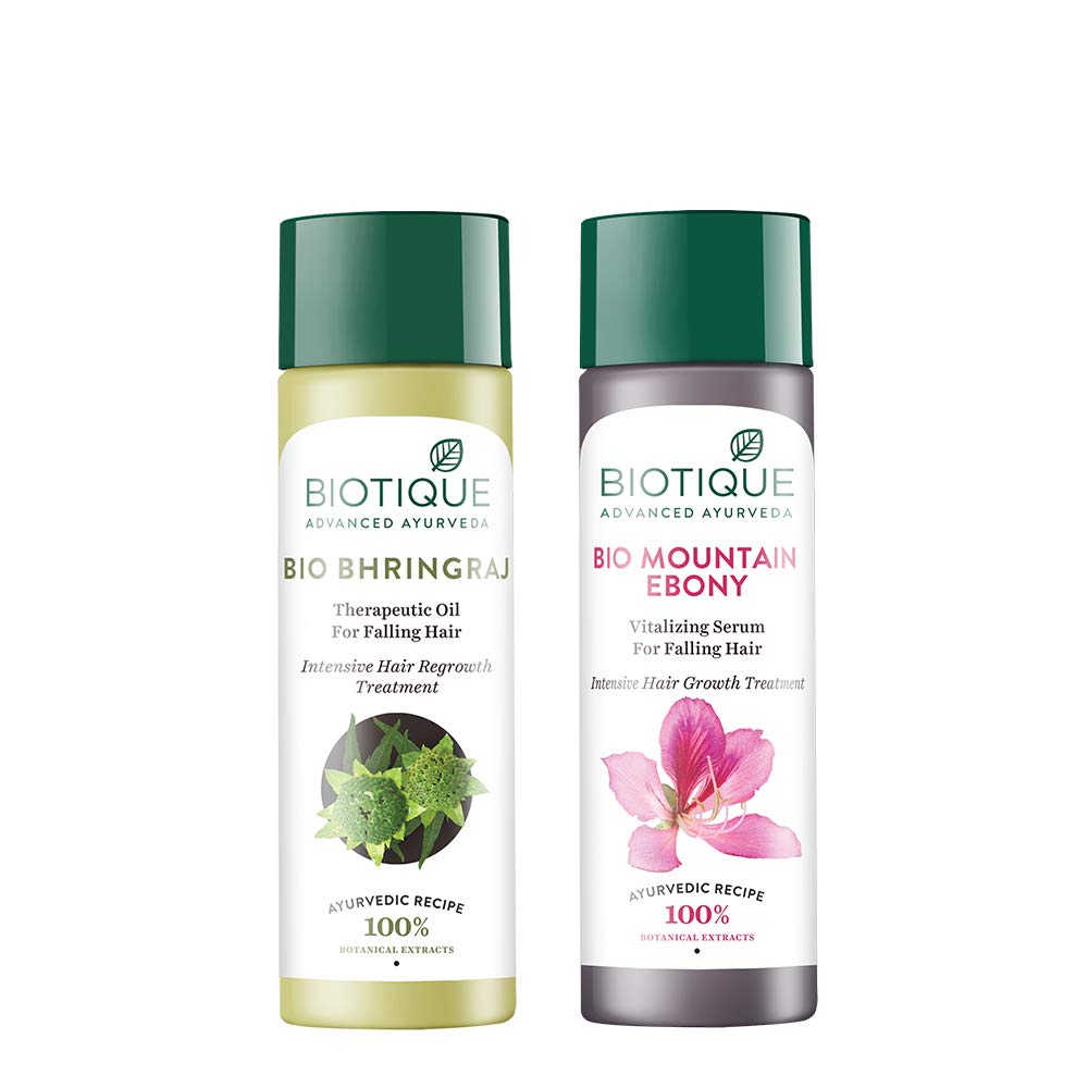 Biotique Bio Mountain Ebony Vitalizing Serum for Falling Hair Intensive Hair Growth Treatment, 120ml and Biotique Bio Bhringraj Fresh Growth Therapeutic Oil, 120ml (Pack of 2)
