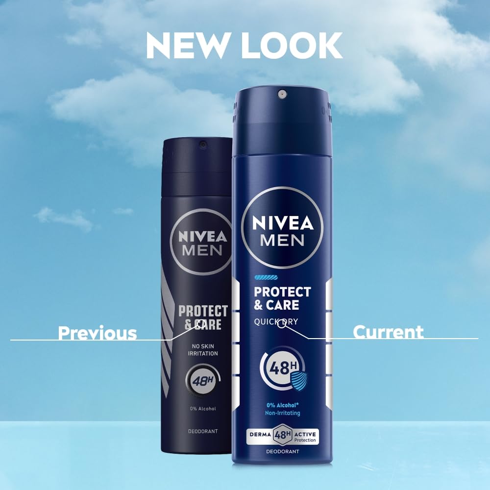 NIVEA MEN Protect & Care Deodorant Spray | Men's Underarm Deodorant with Quick Dry Formula | 48H Active Protection & Long-Lasting Freshness | Skin-Friendly, 0% Alcohol, Dermatologically Tested, 150 ml