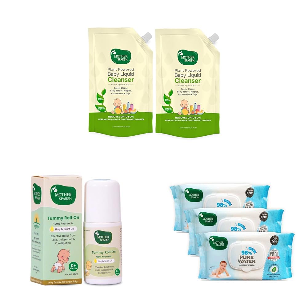 Mother Sparsh Natural Baby Liquid Cleanser Refill Pack (1L) & Tummy Roll On For Baby, Colic Relief - 40ml & 98% Water Based Baby Wipes 80 Pcs wipes with lid, Pack of 3