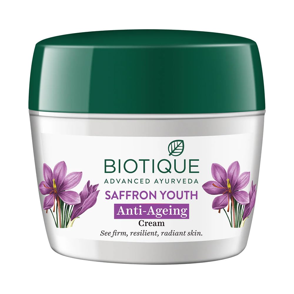 Biotique Saffron Youth Anti-Ageing Cream l 100% Pure Botanical Extracts l Anti-ageing cream for wrinkles and dark lines l Reduces dry lines and Regenerates Skin Youthfulness l All Skin Types l 175gm