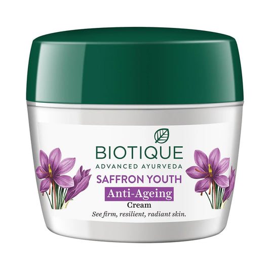 Biotique Saffron Youth Anti-Ageing Cream l 100% Pure Botanical Extracts l Anti-ageing cream for wrinkles and dark lines l Reduces dry lines and Regenerates Skin Youthfulness l All Skin Types l 175gm