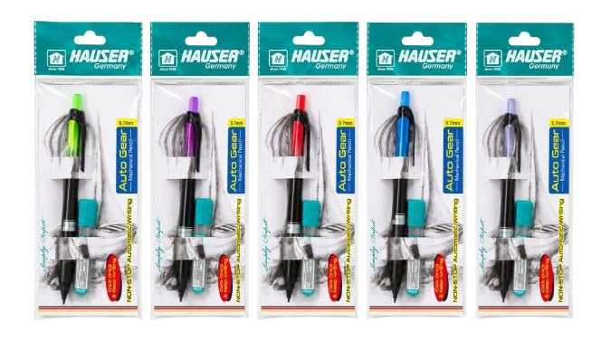 Hauser Auto Gear 0.7mm Mechanical Pencil - Pack of 4 | Click Once & Keep Writing | Extra Dark & Breakage Resistant 2B Lead | Eraser At The Top For Quick-Erasing | 10 FREE 2B Leads With Each Pack
