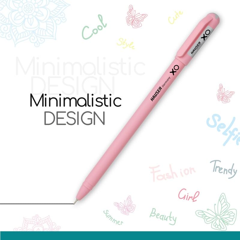 Hauser XO Girls Squad Pink Body 0.6mm Ball Pen | Minimalistic Body with Matt Finish Body | Red Ink, Pack of 40 Pens