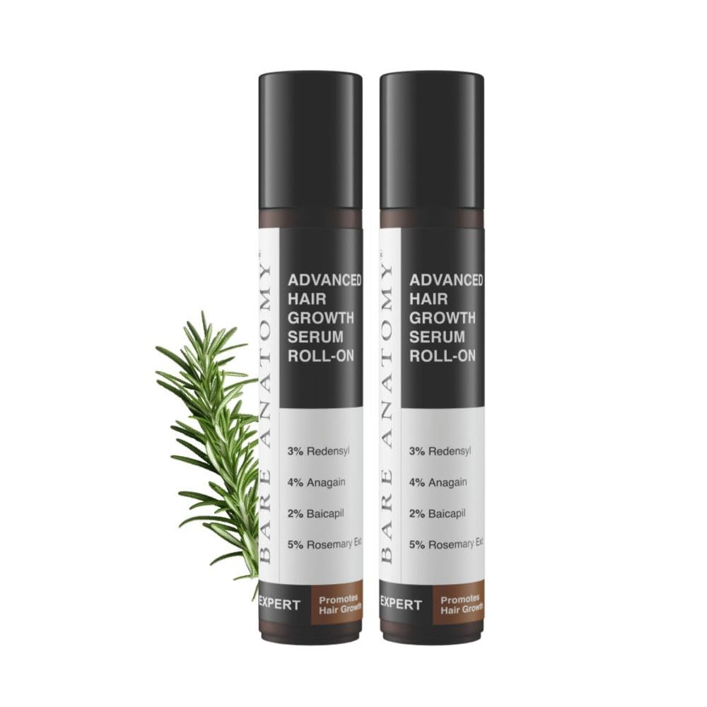 Bare Anatomy Advanced Hair Growth Serum Roll-On| 3% Redensyl + 4% Anagain + 2% Baicapil + 5% Rosemary, Rice Water, Biotin & Saw Palmetto| Reduces Hair Fall, Supports Hair Growth for Men & Women | 25ml-Pack of 2