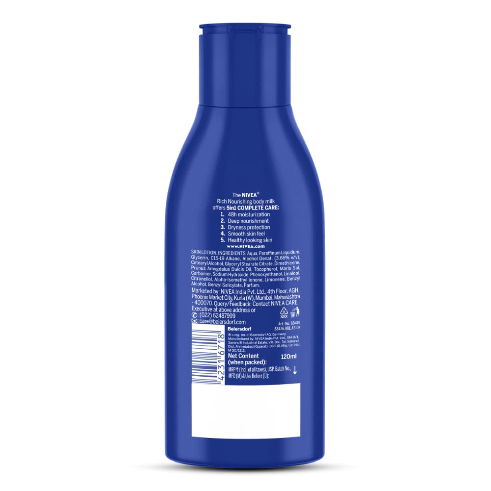 NIVEA Nourishing Body Milk 120ml Body Lotion with Deep Moisture Serum | 48 H Moisturization | With 2X Almond Oil | Smooth and Healthy Looking Skin |For Very Dry Skin (Pack of 2)