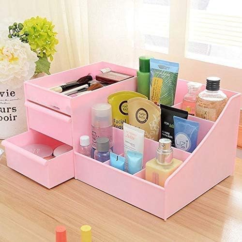 E-COSMOS Large Capacity Cosmetic Storage Box Makeup Drawer Organizer Jewelry Nail Polish Makeup Container Desktop Sundries Storage Box, Plastic (Pink)