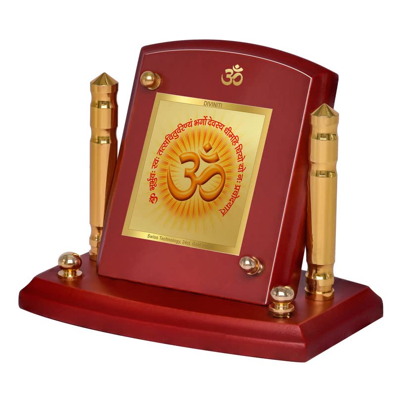 DIVINITI 24K Gold Plated Religious Car Dashboard Frame | Premium God Idol Frame for Car, Home Mandir & Office Table | Spiritual Gift, Decorative Showpiece | Om Gayatri Mantra