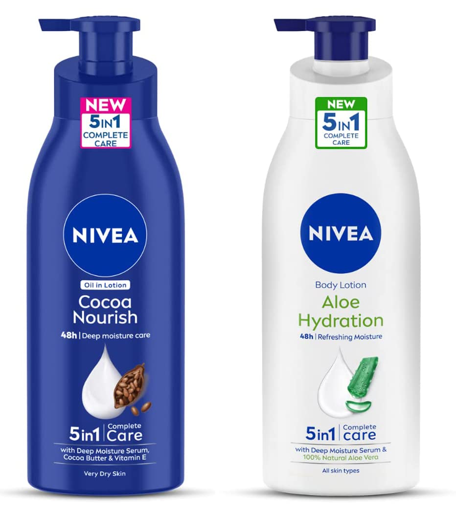 NIVEA Body Lotion for Very Dry Skin, Cocoa Nourish, with Coconut Oil & Cocoa Butter, 400 ml & NIVEA Body Lotion, Aloe Hydration, with Aloe Vera for Instant Hydration in Summer, 400 ml