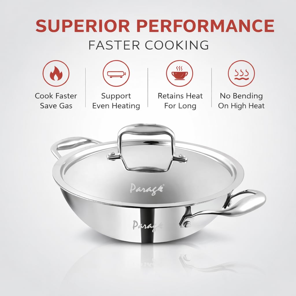Parage Triply Stainless Steel Kadai with Lid 28 cm, 4 LTR | ISI Certified | Heavy Bottom SAS Triply Kadhai for Deep Frying & Cooking | Tripure | Induction & Gas Stove Compatible | 5 Years Warranty