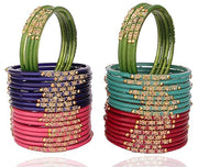 NMII Beautiful & Fashionable Glossy Glass Bangle Set Studded with Zircon & Beads for Women & Girls on Wedding & Festive Occasions (Pack of 40)