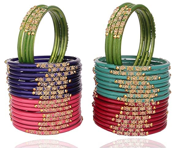 NMII Beautiful & Fashionable Glossy Glass Bangle Set Studded with Zircon & Beads for Women & Girls on Wedding & Festive Occasions (Pack of 40)