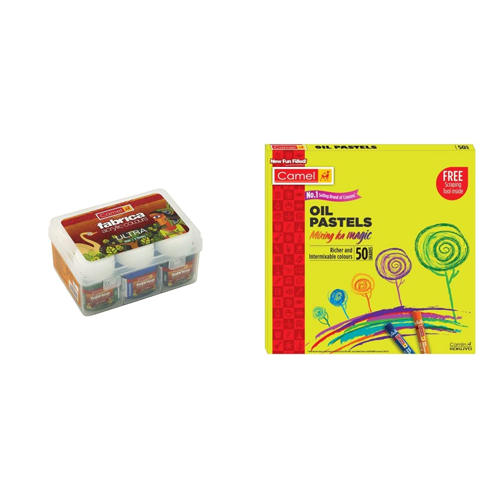 Camel Camlin Kokuyo Fabrica Acrylic Ultra Colors - 10Ml Each, 6 Shades & Camlin Kokuyo Oil Pastel (50 Shades)
