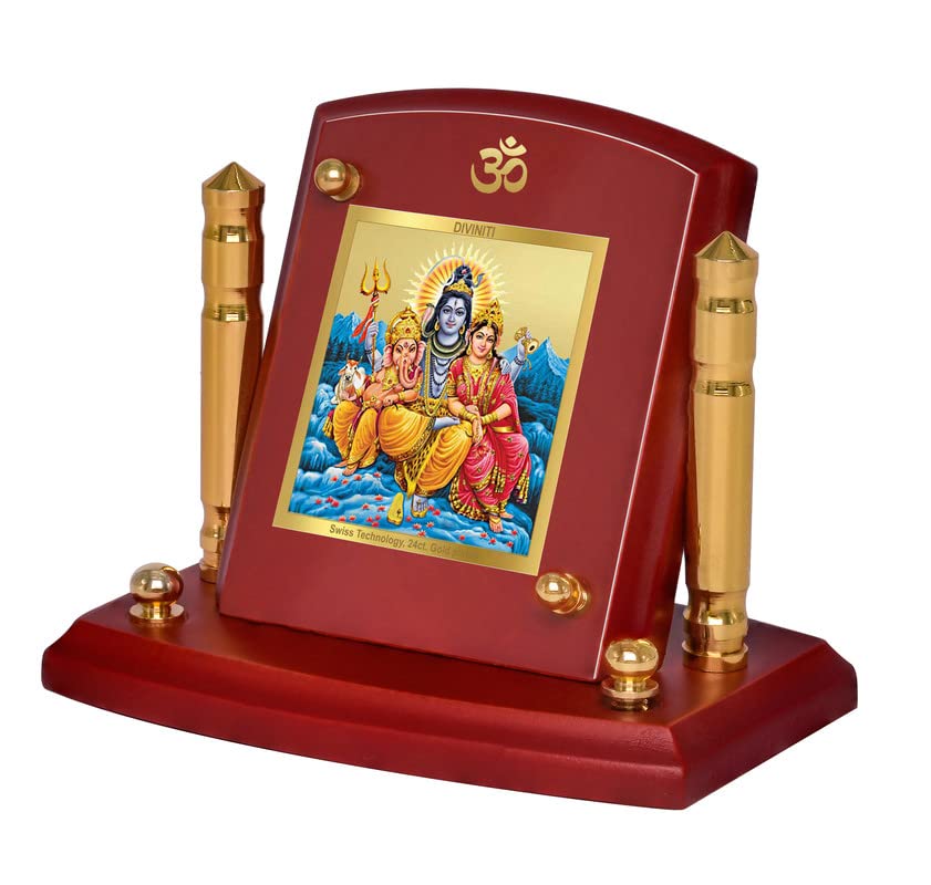 DIVINITI 24K Gold Plated Religious Car Dashboard Frame | Premium God Idol Frame for Car, Home Mandir & Office Table | Spiritual Gift, Decorative Showpiece | Shiv Parivar-1