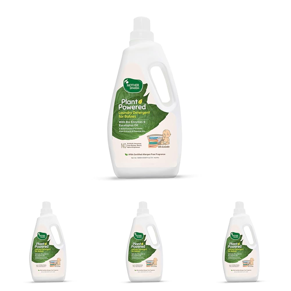 Mother Sparsh Plant Powered Baby Laundry Liquid Detergent With Bio - Enzymes and Eucalyptus Oil | Without Dyes & Optical Brighteners -1 Litre (Pack of 4)