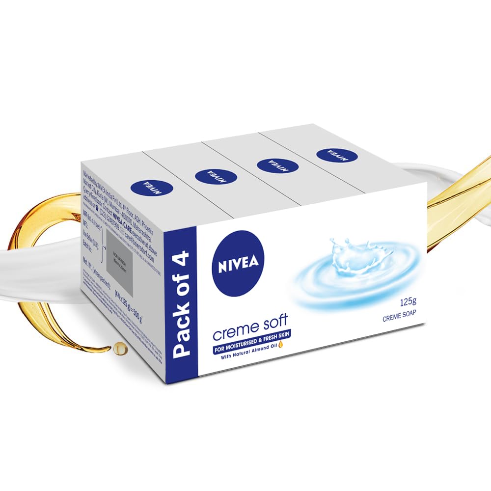 NIVEA Creme Soft Soap with Natural Almond Oil, Moisturizing Beauty Bath Soap & Cream Soap for Hands & Body, Rich Creamy Lather for Soft, Smooth & Healthy Skin, Gentle Daily Cleansing, Pack of 4 x 125 g