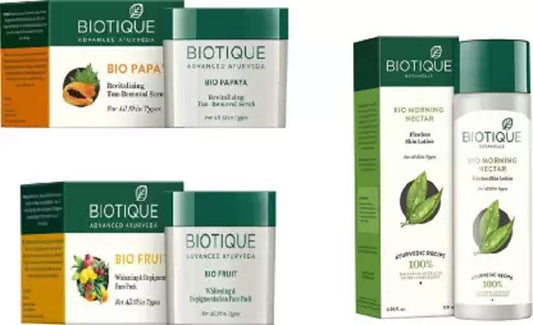 BIOTIQUE Morning Nectar Flawless Skin Moisturizer 190ml, Fruit Whitening & Depigmentation Face Pack 75g, Papaya Revitalizing Tan-Removal Scrub 75g (3 Items in the set)