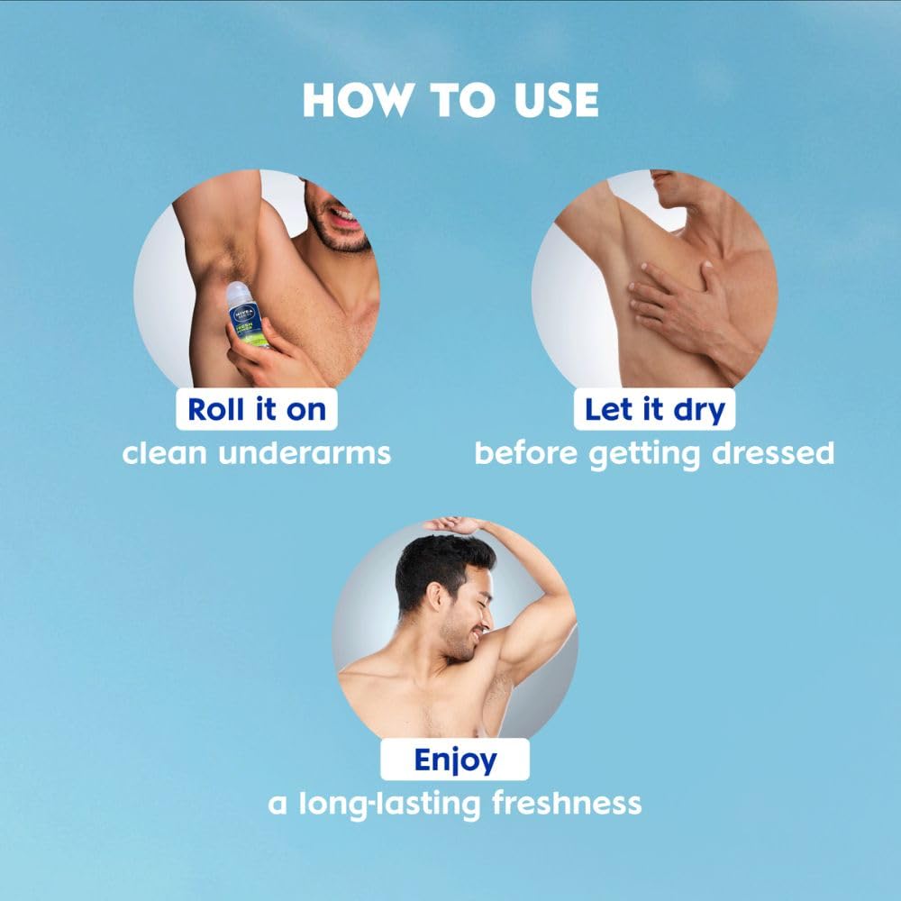 NIVEA Men Fresh Power Underarm Roll-On Deodorant|72 H Long Lasting Freshness|Fights Bacteria And Body Odour|Fresh Musk Fragrance|0% Alcohol|Dermatologically Approved & Paraben Free Formula|50Ml