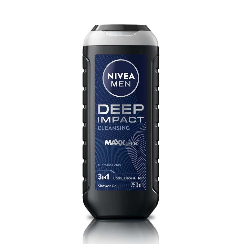 Nivea Men Body Wash, Deep Impact, 3 In 1 Shower Gel For Body, Face & Hair, With Microfine Clay, 250ml
