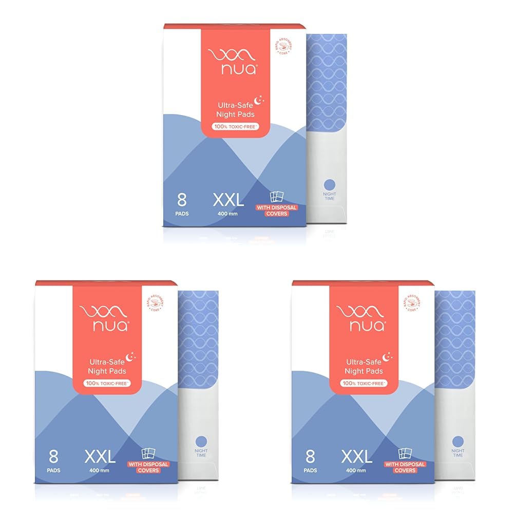 Nua Ultra-Safe Night Pads 400 Mm Xxl|60% Larger Absorbent Core|60% Wider Back With Hydrophobic Leak Guards|Breathable And Super Soft Top Sheet|Convenient And Hygienic Disposal,Pack Of 24
