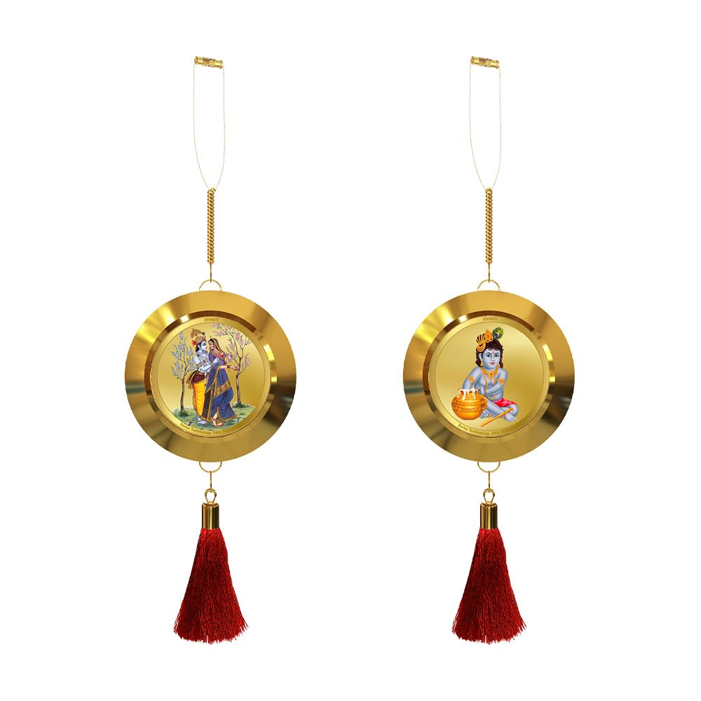 Diviniti 24K Gold Plated Radha Krishna & Bal Gopal Double Sided Hanging for Home Entrance Door, Vastu Spiritual Decor, Religious Hanging, Love, Blessings & Positive Energy Gift Item