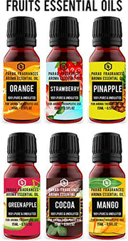 Parag Fragrances Fruits Essential Oils (6Pc x 15ml) Strawberry, Orange, Pineapple, Green Apple, Cocoa & Mango Essential Oils for Diffuser, Soap, Candle, Aromatherapy